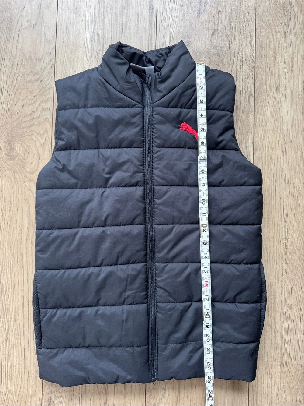 Puma Puffer Vest Youth Boys Medium 10-12 Black Red Full Zip Sleeveless Jacket